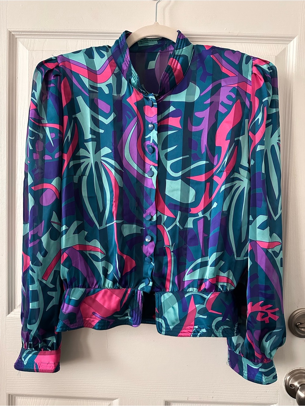 Women's Abstract Sheer Print Silky Satin Button-Front Blouse in Teal & Pink